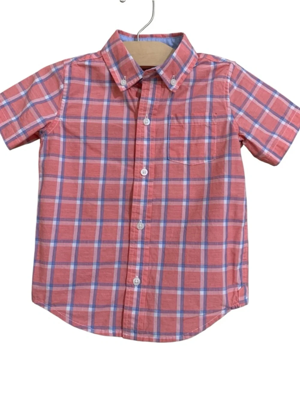 Janie and Jack Button Down Shirt Boys 3T Coral Pink Blue Plaid Short Sleeve